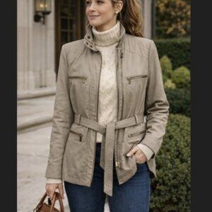 Cache Beige‎ Belted Utility Jacket Womens L Lined Shoulder Pads Moto Chic
